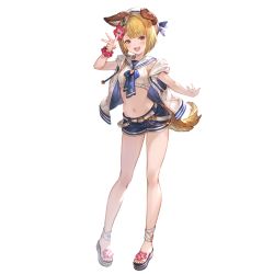 Rule 34 | 1girl, :3, animal ears, anklet, bare arms, blonde hair, blue bow, blue bowtie, blue shorts, blush, bow, bowtie, breasts, brown eyes, crop top, dog ears, dog girl, dog tail, flower, full body, granblue fantasy, hair flower, hair ornament, hand up, hat, hibiscus, hood, hood down, hooded jacket, jacket, jewelry, looking at viewer, midriff, navel, official alternate costume, official art, open mouth, outstretched arm, sailor collar, sandals, scrunchie, shirt, short hair, short shorts, shorts, sleeveless, sleeveless jacket, sleeveless shirt, small breasts, smile, solo, standing, tail, transparent background, vajra (granblue fantasy), vajra (summer) (granblue fantasy), w, white hat, white shirt, wrist scrunchie
