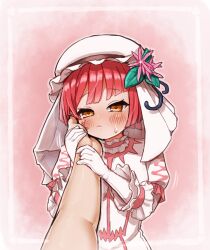 Rule 34 | 1boy, 1girl, absurdres, blunt bangs, blush, border, closed mouth, commentary request, commission, dress, flower, gloves, hair flower, hair ornament, hand on another&#039;s cheek, hand on another&#039;s face, highres, ichika (ichika manga), looking at viewer, medium hair, megido72, out of frame, outline, pink background, pov, red hair, simple background, skeb commission, solo focus, sweatdrop, tsurime, turban, upper body, white border, white dress, white gloves, white headwear, white outline, yellow eyes, zepar (megido72)