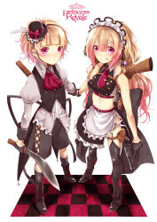 Rule 34 | 1boy, 2girls, apron, black legwear, blonde hair, blush, boots, bow, bowtie, breasts, cleaver, copyright name, cross, earrings, facial mark, feathers, formal, frown, gloves, gun, hair bow, hair ornament, handgun, hansel and gretel, hat, hattori masaki, headdress, highres, holding hands, jewelry, knife, kukri, large breasts, lolita fashion, long hair, maid headdress, multiple girls, navel, necktie, original, pink eyes, princess royale, ribbon, rifle, short hair, shorts, siblings, simple background, skirt, smile, smirk, standing, thighhighs, twins, weapon, white background