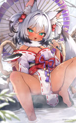 Rule 34 | 1girl, animal ear fluff, animal ears, barefoot, bell, black hair, bow, colored tips, fang, fox ears, fox girl, fox tail, fur collar, grey hair, grey tail, hair ornament, highres, japanese clothes, kimono, melonbooks, multicolored hair, obijime, off shoulder, oil-paper umbrella, onsen, open mouth, original, pelvic curtain, red bow, red sash, rock, sash, solo, spread legs, tail, tan, trente, twitter username, umbrella, white kimono
