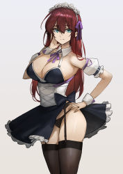 Rule 34 | 1girl, absurdres, aqua eyes, bare shoulders, black panties, black thighhighs, breasts, cleavage, closed mouth, cowboy shot, detached collar, detached sleeves, dokshuri, frilled skirt, frilled sleeves, frills, hair between eyes, hair ribbon, hand on own hip, hand on own face, highres, large breasts, long hair, looking at viewer, maid, maid headdress, neck ribbon, original, panties, purple ribbon, red hair, ribbon, skirt, solo, thighhighs, underwear, white background, wrist cuffs