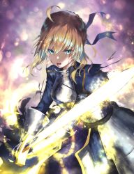 Rule 34 | 1girl, ahoge, armor, armored dress, artoria pendragon (all), artoria pendragon (fate), bad id, bad twitter id, blonde hair, blood, blood on face, blue ribbon, excalibur (fate/stay night), facing viewer, fate/grand order, fate/stay night, fate (series), fighting stance, gauntlets, glowing, glowing sword, glowing weapon, green eyes, hair between eyes, hair bun, hair ribbon, highres, holding, holding sword, holding weapon, open mouth, ribbon, saber (fate), single hair bun, solo, sword, weapon, yu-hi