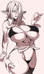 Rule 34 | 1girl, amamiya (abaros), breasts, cleavage, earrings, elf, hair over one eye, huge breasts, jewelry, long hair, original, pink background, pointy ears, solo, thick thighs, thighs, wide hips