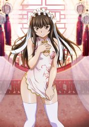 Rule 34 | 00s, 1girl, breasts, brown eyes, brown hair, chinese clothes, dress, female focus, hand on chest, highres, ikkitousen, indoors, long hair, looking at viewer, maid headdress, shiny skin, short dress, small breasts, smile, solo, sparkle, standing, ten&#039;i (ikkitousen), thighhighs