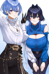 2girls absurdres belt black_gloves blue_eyes blue_hair blue_shirt blush breasts choker cleavage cleavage_cutout clothing_cutout collared_shirt colored_eyelashes commentary dark_blue_hair earrings eipanguino english_commentary eyelashes flat_chest gloves hair_between_eyes hair_intakes high-waist_pants highres hololive hololive_english hoshimachi_suisei hoshimachi_suisei_(spectra_of_nova) jewelry large_breasts light_blue_hair long_hair looking_at_viewer multicolored_hair multiple_girls multiple_necklaces official_alternate_costume ouro_kronii ouro_kronii_(4th_costume) pants selfie shirt short_hair simple_background smile smirk v virtual_youtuber white_background white_shirt