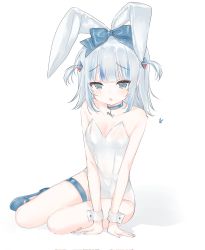 Rule 34 | 1girl, :o, animal ears, arm support, blue bow, blue eyes, blue footwear, blue hair, blunt bangs, bow, breasts, choker, collarbone, fake animal ears, fang, full body, gawr gura, hair bow, hair ornament, highres, hololive, hololive english, leotard, mary janes, medium hair, multicolored hair, nyanyan nya, rabbit ears, shark hair ornament, shoes, simple background, sitting, small breasts, solo, strapless, strapless leotard, streaked hair, thigh strap, two side up, virtual youtuber, white background, white hair, white leotard, wrist cuffs, yokozuwari