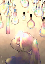 Rule 34 | 13 31n, 1girl, bright pupils, closed mouth, colored lights, colorful, expressionless, from side, gradient background, hair between eyes, hanging light, hatsune miku, head back, highres, light bulb, long hair, looking up, portrait, profile, signature, solo, too many, twintails, vocaloid, wide-eyed