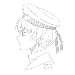 Rule 34 | 10s, 1girl, clothes writing, greyscale, hat, kantai collection, monochrome, nathaniel pennel, profile, sailor hat, short hair, simple background, solo, white background, z1 leberecht maass (kancolle)