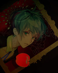Rule 34 | 1other, androgynous, apple, blue ribbon, closed mouth, copyright request, food, fruit, green eyes, green hair, looking at viewer, picture frame, portrait, red apple, ribbon, sankomichi, scar, scar on neck, short hair, smile, solo, wing collar