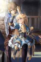 Rule 34 | 10s, 1boy, 1girl, armor, armored boots, blonde hair, blue eyes, blush, boots, breastplate, brown eyes, brown hair, charlotta (granblue fantasy), crown, eye contact, frilled skirt, frills, gauntlets, gran (granblue fantasy), granblue fantasy, harvin, long hair, looking at another, open mouth, outdoors, pointy ears, porch, puffy sleeves, shiseki hirame, skirt, table, very long hair