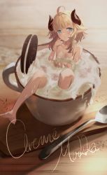 Rule 34 | 1girl, absurdres, ahoge, animal ears, barefoot, bathing, blonde hair, blue eyes, blush, breasts, coffee, collarbone, completely nude, cup, finger to mouth, full body, highres, horns, in container, in cup, long hair, looking at viewer, mini person, minigirl, nude, oreo, original, sidelocks, sitting, small breasts, solo, spoon, thick eyebrows, timo wei95, tray