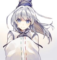Rule 34 | 1girl, bad id, bad pixiv id, blue eyes, blue hat, commentary request, gradient background, grey background, hair intakes, hat, long hair, long sleeves, looking at viewer, mononobe no futo, partial commentary, pom pom (clothes), ponytail, raka (cafe latte l), shirt, silver hair, smile, solo, tate eboshi, touhou, upper body, white background, white shirt, wide sleeves