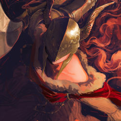 Rule 34 | 1girl, aiming, aiming at viewer, brown dress, cape, charging forward, chinese commentary, collarbone, commentary request, covered face, dress, elden ring, facing viewer, floating hair, foreshortening, fur-trimmed cape, fur trim, helmet, holding, holding sword, holding weapon, keikoku (kujira), long hair, malenia blade of miquella, mechanical arms, mixed-language commentary, prosthesis, prosthetic arm, red cape, red hair, single mechanical arm, solo, sword, upper body, wavy hair, weapon, winged helmet