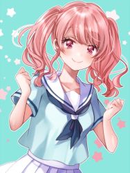 Rule 34 | 1girl, aqua background, bad id, bad twitter id, bang dream!, blue neckerchief, blue shirt, clenched hands, collarbone, commentary request, hanasakigawa school uniform, hands up, ito22oji, looking at viewer, maruyama aya, neckerchief, outline, pink eyes, pink hair, pleated skirt, sailor collar, school uniform, shirt, short sleeves, sidelocks, skirt, smile, solo, star (symbol), starry background, twintails, upper body, white outline, white sailor collar, white skirt