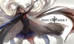 Rule 34 | 1girl, absurdly long hair, backless outfit, black hair, bow, cape, commentary, glasses, highres, jacket, katana, long hair, long sleeves, looking at viewer, original, pixiv fantasia, pixiv fantasia t, red eyes, school uniform, shirt, sishenfan, skirt, solo, sword, very long hair, weapon, wind