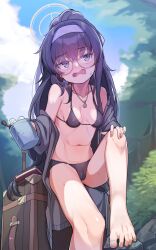 Rule 34 | 1girl, bags under eyes, barefoot, bikini, black bikini, black hair, blue archive, blush, breasts, cameltoe, cleft of venus, collarbone, cup, feet, female focus, foot out of frame, glasses, hairband, halo, highres, holding, holding cup, iced coffee, jewelry, knee up, konnyaku (kk-monmon), long hair, navel, nose blush, o-ring, o-ring bikini, o-ring bottom, o-ring top, official alternate costume, outdoors, pendant, ponytail, purple eyes, purple hairband, rolling suitcase, round eyewear, sitting, small breasts, solo, suitcase, sweat, swimsuit, toes, ui (blue archive), ui (swimsuit) (blue archive), very long hair, wavy mouth, yellow halo