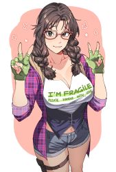 Rule 34 | 1girl, absurdres, braid, breasts, brown hair, clothes writing, denim, denim shorts, double v, fingerless gloves, glasses, gloves, hanny (uirusu chan), highres, holster, julia chang, large breasts, long hair, looking at viewer, namco, pink shirt, plaid, plaid shirt, shirt, shorts, simple background, smile, tekken, tekken 7, thigh holster, thigh strap, twin braids, v, white background