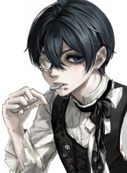 1boy black_ribbon black_vest blue_eyes blue_hair ciel_phantomhive dark_blue_hair dhktlq earrings fork frilled_sleeves frills hair_between_eyes highres holding holding_fork jewelry kuroshitsuji looking_to_the_side male_focus ribbon shirt short_hair simple_background solo vest white_background white_shirt