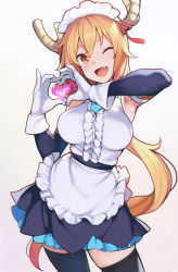Rule 34 | 1girl, ;d, absurdres, ataruman, black thighhighs, blonde hair, commentary request, dragon girl, dragon horns, fang, gloves, gradient background, grey background, hair between eyes, heart, heart hands, highres, horns, kobayashi-san chi no maidragon, long hair, looking at viewer, maid headdress, one eye closed, open mouth, ponytail, red eyes, skin fang, smile, solo, thighhighs, thighs, tohru (maidragon), white gloves, zettai ryouiki