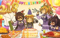 Rule 34 | &gt; o, 4girls, :3, animal ears, balloon, birthday cake, blonde hair, blue eyes, blurry, blurry background, blush, boombox, box, breasts, brown hair, cake, carrot, closed mouth, cup, domino mask, el condor pasa (umamusume), food, french fries, gift, gift box, grass wonder (umamusume), hair ornament, happy birthday, hat, highres, holding, holding balloon, horse ears, hot sauce, jiima tarou, long hair, looking at another, mask, medium breasts, multiple girls, one eye closed, onion rings, party hat, party popper, party whistle, pizza, plate, ponytail, purple shirt, purple skirt, school uniform, seeking the pearl (umamusume), shirt, skirt, smile, star (symbol), star hair ornament, streamers, sunglasses, table, taiki shuttle (umamusume), thumbs up, tracen school uniform, umamusume