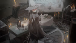 Rule 34 | 1girl, animal skull, axe, black gloves, black pantyhose, board, book, bottle, candle, character request, chihuri, commentary request, cross, cup, dress, gloves, grey dress, grey hair, hat, highres, holding, holding axe, holding cup, indoors, inverted cross, long dress, long hair, long sleeves, looking at viewer, pantyhose, pentagram, plate, red eyes, ritual, skull, smile, solo, table, tray, very long hair, vocaloid, wide sleeves, witch hat