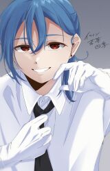 Rule 34 | 1girl, adjusting clothes, adjusting necktie, alternate hair length, alternate hairstyle, black necktie, blue hair, collared shirt, commentary request, gloves, grey background, hair between eyes, highres, looking at viewer, love live!, love live! superstar!!, medium hair, necktie, red eyes, shirt, signature, single sidelock, smile, solo, upper body, w0090, wakana shiki, white gloves, white shirt
