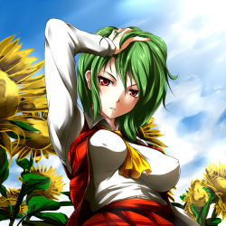 Rule 34 | 1girl, arm up, ascot, bad id, bad pixiv id, between breasts, breasts, copycat (homura), covered erect nipples, day, derivative work, female focus, flower, green hair, hand on own head, impossible clothes, impossible shirt, kazami yuuka, large breasts, nature, plaid, plaid skirt, plaid vest, red eyes, shirt, short hair, skirt, skirt set, solo, sunflower, team shanghai alice, touhou, upper body, vest