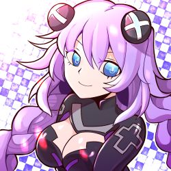 Rule 34 | 1girl, blue eyes, braid, breasts, cleavage, cleavage cutout, clothing cutout, dice coffeedox, highres, long hair, looking at viewer, medium breasts, neptune (series), outline, portrait, purple hair, purple heart (neptunia), shadow, smile, solo, twin braids, white outline