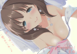 Rule 34 | !, 10s, 1girl, :&gt;, all fours, alternate costume, bad id, bad pixiv id, bare shoulders, blue eyes, blush, bow, breasts, brown hair, cleavage, closed mouth, downblouse, dress, dutch angle, earrings, floral print, flower, hairband, happy birthday, highres, idolmaster, idolmaster cinderella girls, jewelry, katou misaki, lace, large breasts, looking at viewer, musical note, necklace, off shoulder, pink bow, pink lips, quaver, sakuma mayu, short hair, simple background, smile, solo, thighhighs, translation request, veil, wedding dress, white dress
