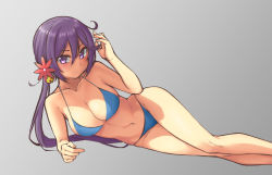 Rule 34 | &gt;:(, 1girl, ahoge, akebono (kancolle), alternate breast size, arm support, bare arms, bare legs, bare shoulders, bell, bikini, blue bikini, blush, breasts, cleavage, closed mouth, collarbone, embarrassed, feet out of frame, flower, gradient background, grey background, hair bell, hair between eyes, hair flower, hair ornament, halterneck, jingle bell, kantai collection, large breasts, long hair, looking at viewer, lying, navel, on side, purple eyes, purple hair, red flower, solo, stomach, string bikini, swimsuit, very long hair, yuki to hana
