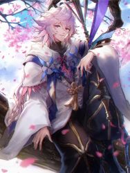 Rule 34 | 1boy, absurdres, bishounen, black pants, cape, chromatic aberration, fate/grand order, fate (series), hair between eyes, highres, holding, holding staff, honyaru (nanairo39), looking at viewer, male focus, merlin (fate), neck ribbon, pants, parted lips, petals, purple eyes, red ribbon, ribbon, silver hair, solo, staff, white cape