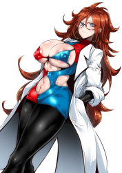 Rule 34 | 1girl, absurdres, android 21, areola slip, black pantyhose, blue eyes, breast cutout, breasts, clothing cutout, covered erect nipples, dragon ball, dragon ball fighterz, dress, earrings, female focus, gggg, glasses, hands in pockets, highres, hoop earrings, jewelry, lab coat, lab coat, large breasts, long hair, looking at viewer, microdress, navel, navel cutout, pantyhose, red hair, revealing clothes, scientist, solo, underboob, very long hair