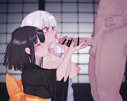 Rule 34 | 1boy, 2girls, bar censor, black hair, black kimono, black nails, blurry, blurry background, breasts, brown eyes, censored, cum, cum in mouth, cum on tongue, cum string, eonsang, erection, ffm threesome, from side, girls&#039; frontline, group sex, hair ornament, handjob, hetero, highres, japanese clothes, kimono, large breasts, male pubic hair, medium hair, multiple girls, nail polish, nipples, nyto (girls&#039; frontline), adeline (girls&#039; frontline), alina (girls&#039; frontline), obi, open mouth, paradeus, penis, pubic hair, sash, tearing up, testicles, threesome, tongue, tongue out, two-handed handjob, white hair, white kimono, wide sleeves