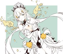 Rule 34 | 1girl, black gloves, breasts, choker, cleavage, closed mouth, energy wings, feathers, flower, gloves, hair bun, hair flower, hair ornament, highres, ill games22, large breasts, long hair, looking at viewer, partially colored, petals, ponytail, rapunzel (sinoalice), sidelocks, simple background, single hair bun, sinoalice, sketch, smile, solo, tiara, very long hair, white hair, yellow flower