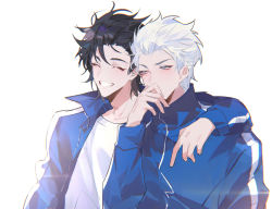Rule 34 | 2boys, arm on another&#039;s shoulder, black hair, blue jacket, blush, cheng xiaoshi, chinese commentary, closed eyes, commentary request, covering own mouth, grey eyes, grin, hand over own mouth, highres, jacket, lu guang, male focus, multiple boys, open clothes, open jacket, shiguang dailiren, shirt, short hair, simple background, smile, teeth, track jacket, white background, white hair, white shirt, yusa (yusa0751)