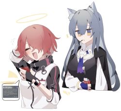Rule 34 | 2girls, :d, angel, animal ear fluff, animal ears, arknights, arm behind head, black jacket, blue gloves, blue necktie, breasts, closed eyes, coat, coat on shoulders, collared shirt, commentary, detached wings, ear piercing, energy wings, exusiai (arknights), fingerless gloves, food, food in mouth, game screenshot, gloves, grey gloves, hair between eyes, hair over one eye, halo, harouchikin, highres, holding, holding food, holding pocky, jacket, long hair, looking at another, medium breasts, multicolored clothes, multicolored jacket, multiple girls, necktie, official alternate costume, open mouth, piercing, pocky, pocky in mouth, raglan sleeves, red hair, shirt, short hair, simple background, smile, texas (arknights), texas the omertosa (arknights), two-tone jacket, unamused, white background, white jacket, white shirt, wings, wolf ears, wolf girl, yellow eyes