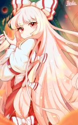 Rule 34 | 1girl, blush, bow, chilwell seele, closed mouth, fire, fujiwara no mokou, hair bow, highres, long hair, long sleeves, pants, red eyes, red pants, shirt, signature, sleeve garter, solo, suspenders, touhou, white bow, white hair, white shirt