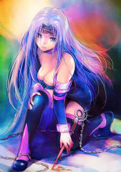 Rule 34 | 1girl, bare shoulders, black thighhighs, blood, boots, breasts, chain, cleavage, collar, detached sleeves, dress, facial mark, fate/stay night, fate (series), forehead mark, hands on own knees, kneeling, long hair, looking at viewer, medusa (fate), medusa (rider) (fate), mekarauroko, nameless dagger (fate), on one knee, panties, purple eyes, purple hair, solo, spikes, strapless, strapless dress, thigh boots, thighhighs, underwear, very long hair, weapon, zettai ryouiki