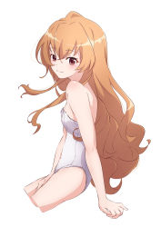 Rule 34 | 1girl, absurdres, aisaka taiga, arm support, between legs, brown eyes, brown hair, commentary request, cropped legs, crossed bangs, from side, hand between legs, highres, leotard, light blush, long hair, nishizuki shino, simple background, smile, solo, toradora!, white background, white leotard