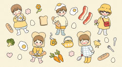 Rule 34 | 5boys, bacon, bag, blush, bread, broccoli, brown hair, closed eyes, cup, egg, egg (food), flower, food, heart, highres, loaf of bread, looking at viewer, multiple boys, open mouth, orange flower, original, red bag, shirt, short hair, shoulder bag, smile, sunny side up egg, yellow headwear, yellow shirt, yoovora