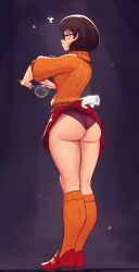 Rule 34 | 1girl, absurdres, ass, black-framed eyewear, breasts, brown eyes, brown hair, clothes lift, commentary, english commentary, full body, glasses, highres, holding, holding magnifying glass, legs together, magnifying glass, medium breasts, orange sweater, panties, raichiyo33, scooby-doo, short hair, skirt, solo, standing, sweater, thighs, turtleneck, turtleneck sweater, underwear, velma dace dinkley, wedgie