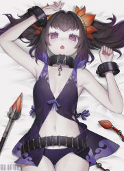 Rule 34 | 1girl, :o, absurdres, armpits, arms up, baton (weapon), bed, belt, black choker, blush, bracelet, braid, choker, commission, flower, hair flower, hair ornament, highres, jewelry, looking at viewer, lying, mole, mole under eye, nail polish, on back, on bed, purple eyes, purple hair, red nails, revealing clothes, roll out road, sideless outfit, signature, solo, stomach, symonne (tales), tales of (series), tales of zestiria, weapon
