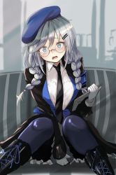 Rule 34 | 1girl, armband, beret, black footwear, black necktie, blue eyes, blue hat, blue pantyhose, blush, boots, braid, breasts, clipboard, covering crotch, covering privates, embarrassed, frilled skirt, frills, girls&#039; frontline, glasses, gloves, grey hair, hair ornament, hairclip, hat, highres, holding, holding clipboard, indoors, jacket, long hair, long sleeves, necktie, open mouth, pantyhose, round eyewear, sidelocks, sier (girls&#039; frontline), sitting, skirt, solo, take (trude1945oneetyan), twin braids, white gloves