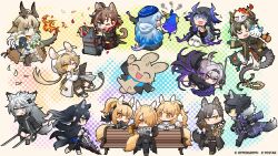 Rule 34 | 5boys, 6+girls, :d, absurdres, amiya (arknights), animal ears, arknights, bad food, bench, beret, black footwear, black gloves, black hair, black pants, blemishine (arknights), blonde hair, blue eyes, blue hair, blue headwear, brown hair, cat ears, cat tail, character doll, chong yue (arknights), clipboard, commentary, covering own mouth, dog-san, dorothy (arknights), dragon bubble (arknights), dragon horns, dragon tail, dress, dusk (arknights), earrings, english commentary, flame-tipped tail, flaming sword, flaming weapon, flower, fork, gloves, green eyes, grey eyes, grey hair, hair ornament, hairpin, hand on own head, hat, headset, highmore (arknights), highres, hood, hooded jacket, horns, horse ears, horse tail, implied extra ears, jacket, jewelry, lappland (arknights), lin (arknights), ling (arknights), mixed-language commentary, mizuki (arknights), mlynar (arknights), mouse ears, mouse tail, multicolored clothes, multicolored hair, multicolored jacket, multiple boys, multiple girls, nearl (arknights), newspaper, nian (arknights), official art, official wallpaper, on bench, one eye closed, open mouth, orange eyes, pants, patterned, penance (arknights), pink eyes, plate, purple ribbon, red ribbon, reed (arknights), reed the flame shadow (arknights), ribbon, sitting, smile, smoke, stainless (arknights), standing, standing on one leg, stop (gesture), sword, tail, texas (arknights), texas the omertosa (arknights), vigil (arknights), weapon, white dress, white footwear, white hair, wolf ears, wolf tail, yellow eyes