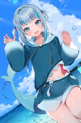 Rule 34 | 1girl, absurdres, blue eyes, blue hair, clothing cutout, cloud, fins, fish tail, gawr gura, hair ornament, highres, hololive, hololive english, hood, hoodie, long sleeves, looking at viewer, matching hair/eyes, mikeneko mari, nail polish, navel, navel cutout, ocean, open mouth, sharp teeth, short twintails, sky, smile, solo, tail, teeth, thighs, twintails, upper teeth only, virtual youtuber, water drop