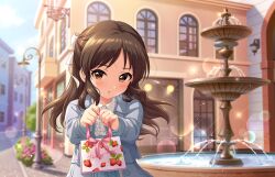 Rule 34 | 1girl, brown eyes, brown hair, building, center frills, food, fountain, frills, fruit, game cg, idolmaster, idolmaster cinderella girls, idolmaster cinderella girls starlight stage, lamppost, official art, solo, strawberry, tachibana arisu, water, window
