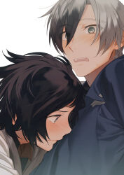 Rule 34 | 2boys, akiyoshi haru, black hair, blush, close-up, collared shirt, commentary request, from side, green eyes, grey hair, hair between eyes, head on chest, jude mathis, looking at viewer, ludger will kresnik, male focus, multicolored hair, multiple boys, open mouth, profile, shirt, short hair, surprised, sweatdrop, tales of (series), tales of xillia, tales of xillia 2, two-tone hair, white background, wide-eyed, yaoi