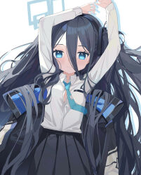 Rule 34 | 1girl, absurdres, aris (blue archive), arms up, black hair, black hairband, blue archive, blue eyes, blue hair, blue necktie, bright pupils, collared shirt, dark blue hair, hair between eyes, hair spread out, hairband, halo, highres, jacket, long hair, looking at viewer, measho, multicolored clothes, multicolored jacket, necktie, one side up, pleated skirt, ringed eyes, school uniform, shirt, skirt, solo, tie clip, very long hair, white jacket, white pupils