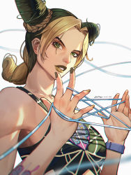 Rule 34 | 1girl, absurdres, arm tattoo, blonde hair, braid, cat&#039;s cradle, commentary request, cone hair bun, dated, double bun, green eyes, green hair, green lips, hair bun, highres, jojo no kimyou na bouken, kuujou jolyne, lclkey, lipstick, looking at viewer, makeup, multicolored hair, parted bangs, signature, simple background, solo, stand (jojo), stone free, tattoo, two-tone hair, white background