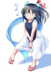 Rule 34 | 1girl, absurdres, bare arms, bare shoulders, black hair, blue eyes, blue tank top, blush, closed mouth, collarbone, commentary request, dragon girl, dragon horns, dragon tail, eighth note, flip-flops, full body, hair between eyes, highres, horn ornament, horn ribbon, horns, kagarimachi konatsu, leaf-chan, long hair, looking at viewer, musical note, original, quarter note, red footwear, red ribbon, ribbon, sandals, scales, shadow, skirt, smile, solo, standing, standing on one leg, tail, tank top, toes, white background, white skirt